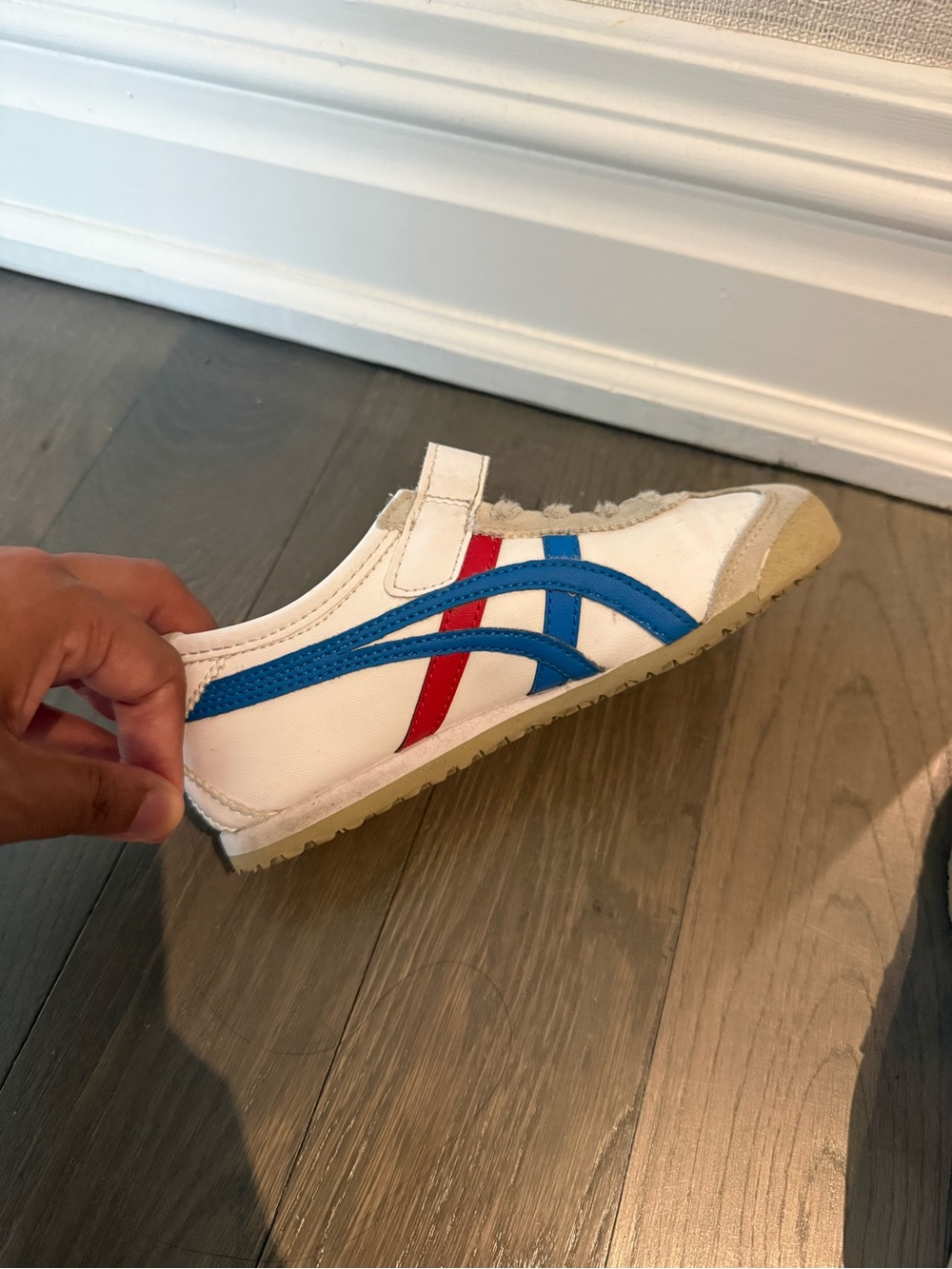 Onitsuka Tiger by Asics Kids White Slip-On Sneakers with Blue and Red Stripes
